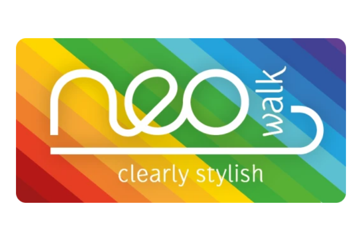 Neo walk logo in rainbow colours with their slogan clearly stylish.